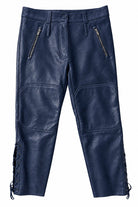 A pair of dark navy blue Miu Miu leather pants featuring zippered pockets, reinforced knee patches, and lace-up detailing on the sides, shown against a plain white background.