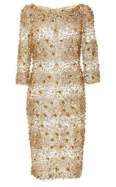 Naeem Khan Naeem Khan Beaded Gold Fitted Cocktail Dress - Runway Catalog