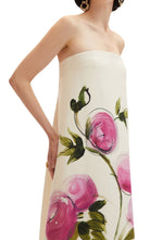 Robe trapèze en laine sans bretelles à motif de roses signée Oscar de la Renta