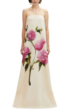 Robe trapèze en laine sans bretelles à motif de roses signée Oscar de la Renta