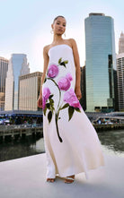 Robe trapèze en laine sans bretelles à motif de roses signée Oscar de la Renta