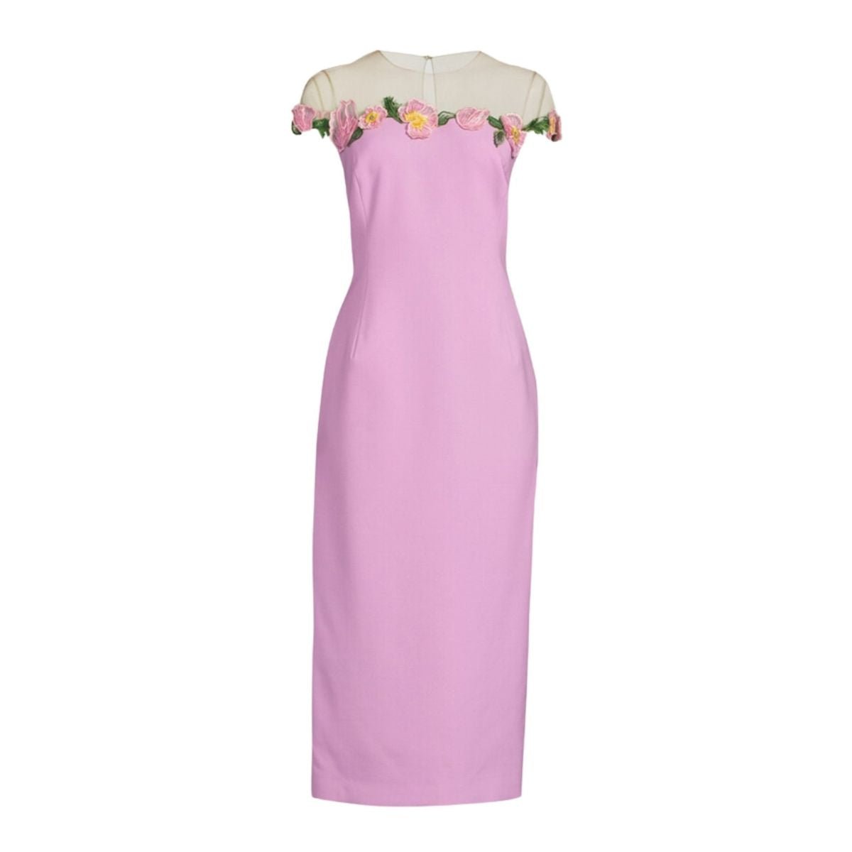 Oscar de la Renta Poppies Illusion Neck Pencil Wool Pink Midi Dress - Runway Catalog