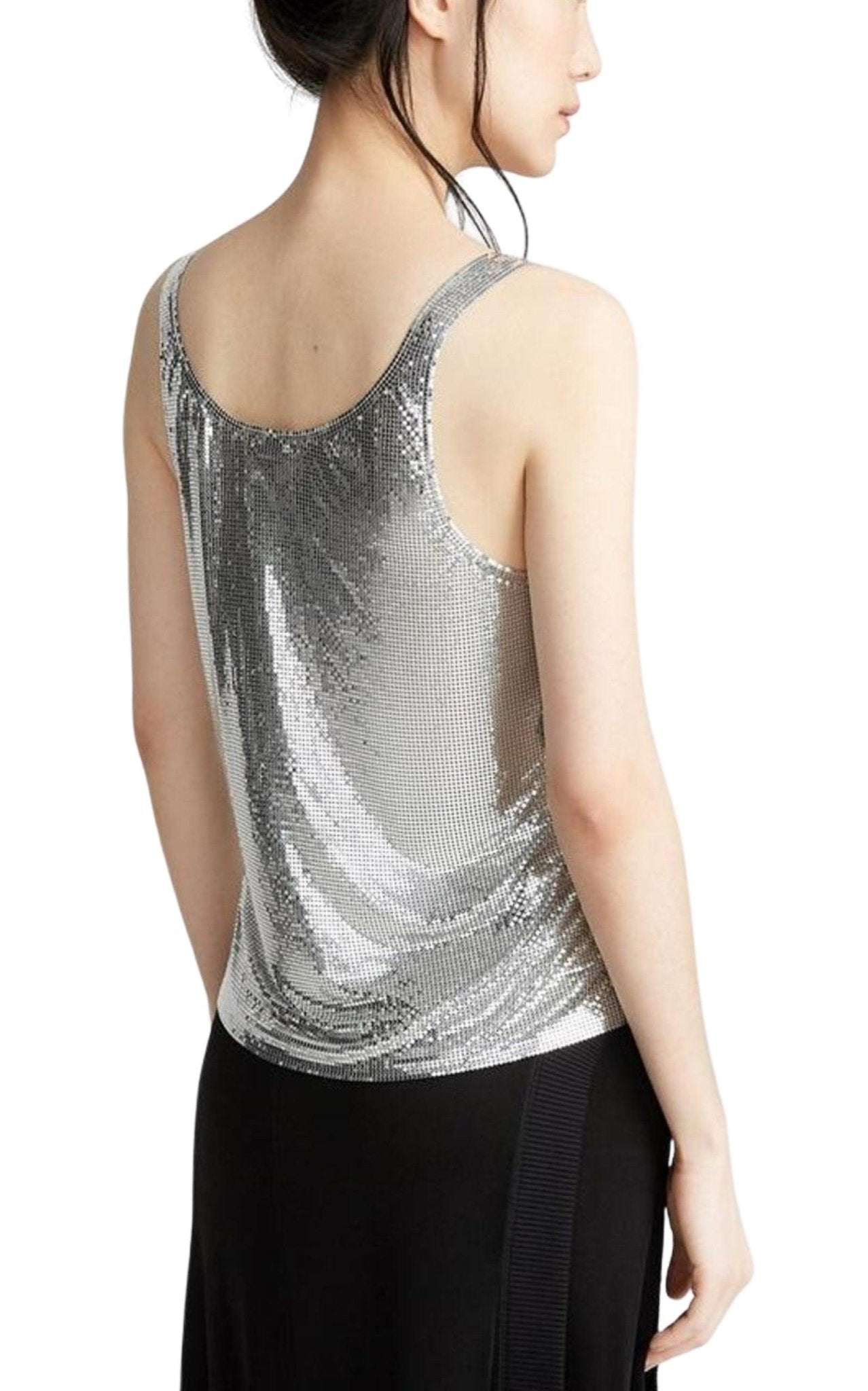 (rabanne ) メタルメッシュベストトップス Paco Rabanne Silver Asymmetric Metal Mesh Top – Runway Catalog