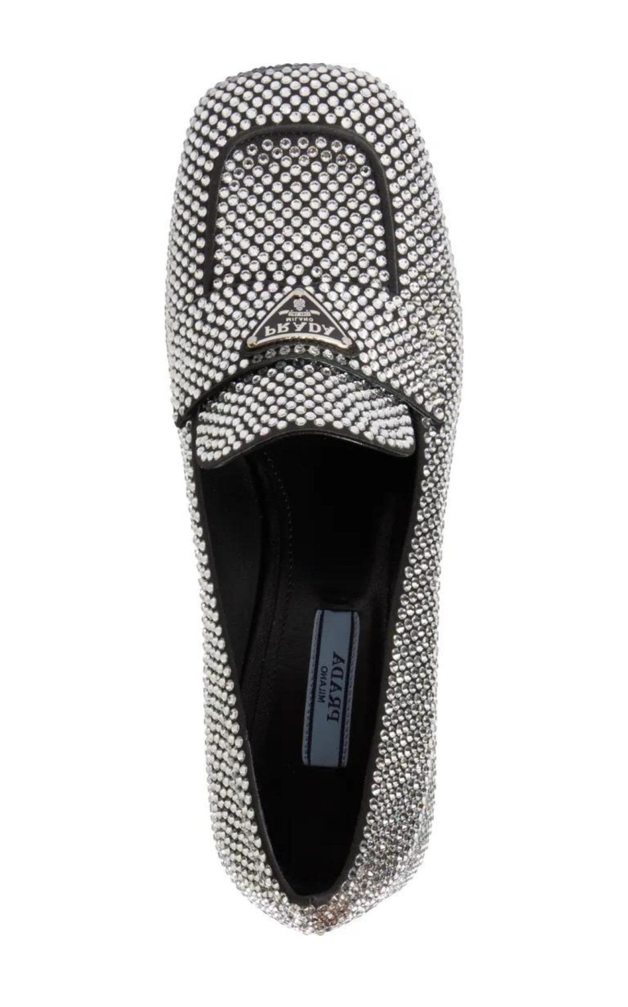 PRADA プラダ パンプス ラインストーン サテン Glow クリスタル Prada Crystal-embellished Logo-plaque Loafers