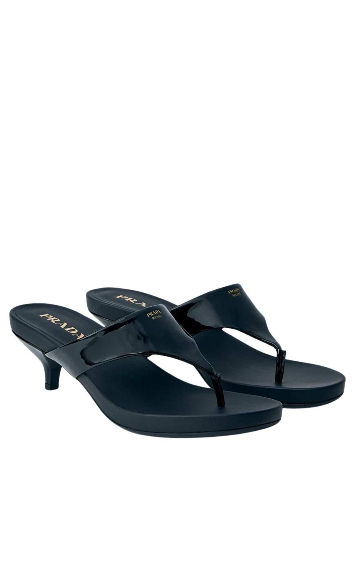 Prada black patent leather thong sandals with open toe and kitten heel