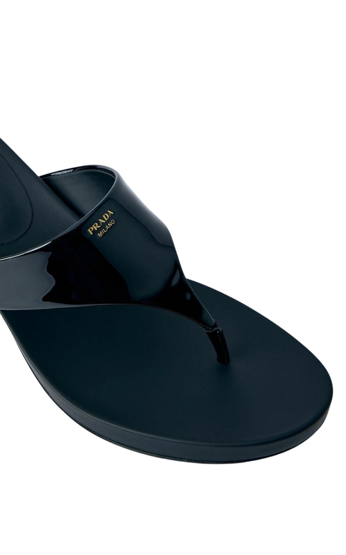 Prada black patent leather thong sandals with open toe and kitten heel
