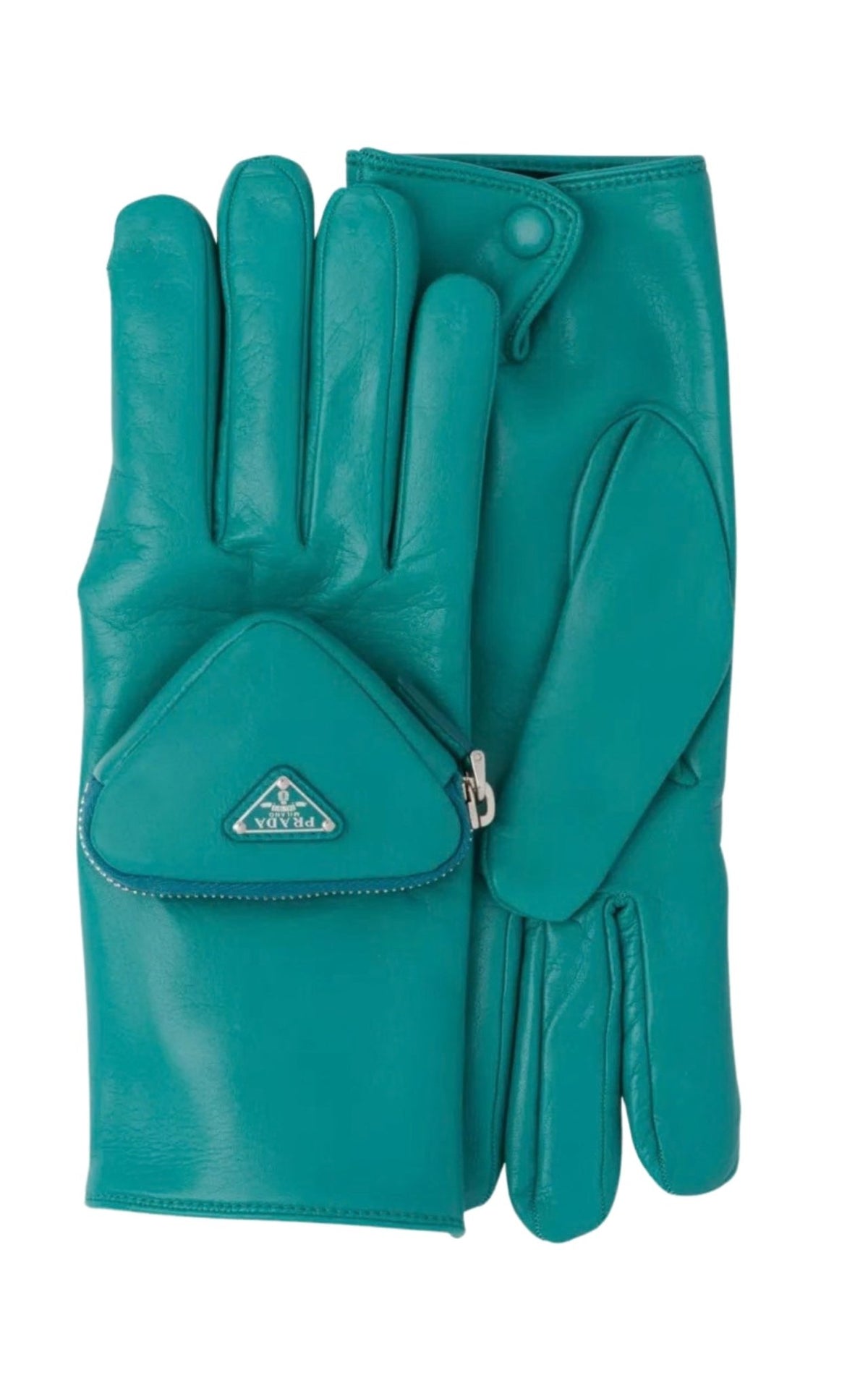 Prada turquoise nappa leather gloves with zipped pouch and triangle logo