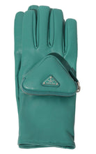 Prada turquoise nappa leather gloves with zipped pouch and triangle logo