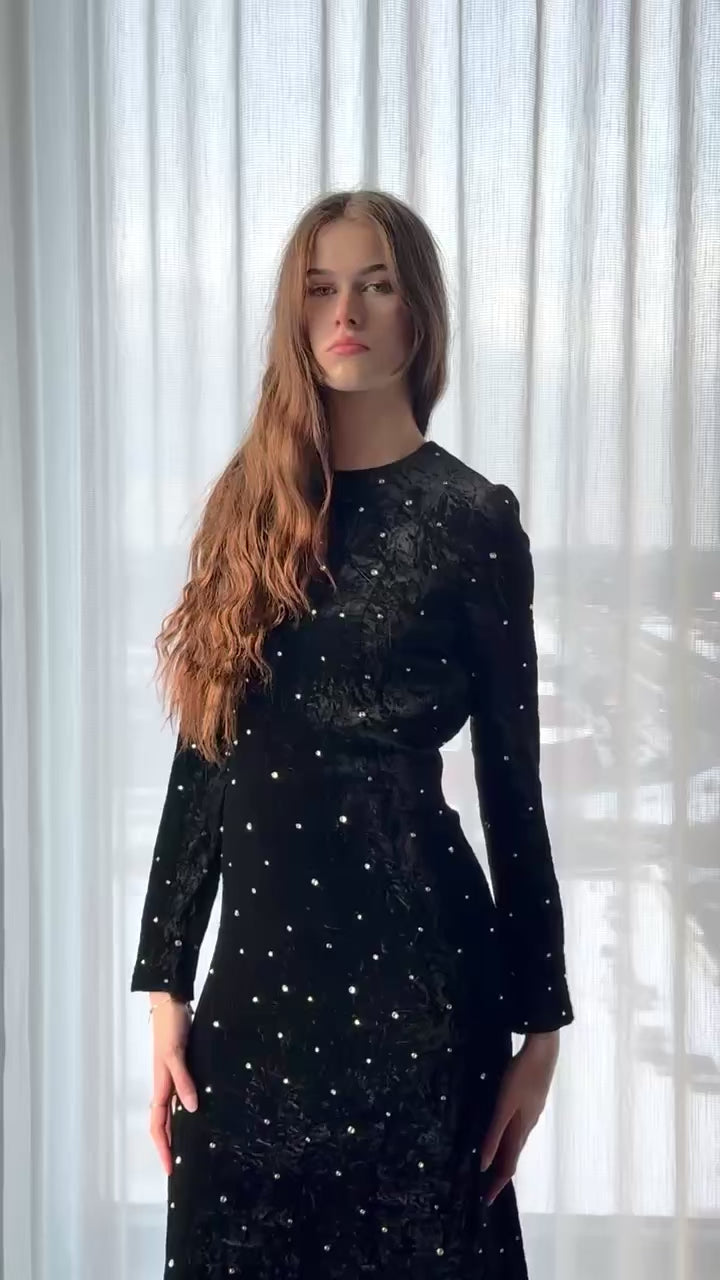 MIU MIU 黒 トップス ドレス スパンコール パーティー シルク М Miu Miu Open-Back Crystal-Embellished Crushed-Velvet Midi Dress