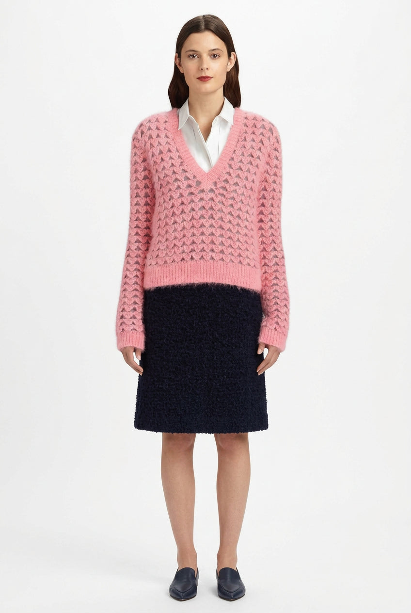 Pringle of Scotland Chunky Pink Angora V Neck Jumper - Runway Catalog