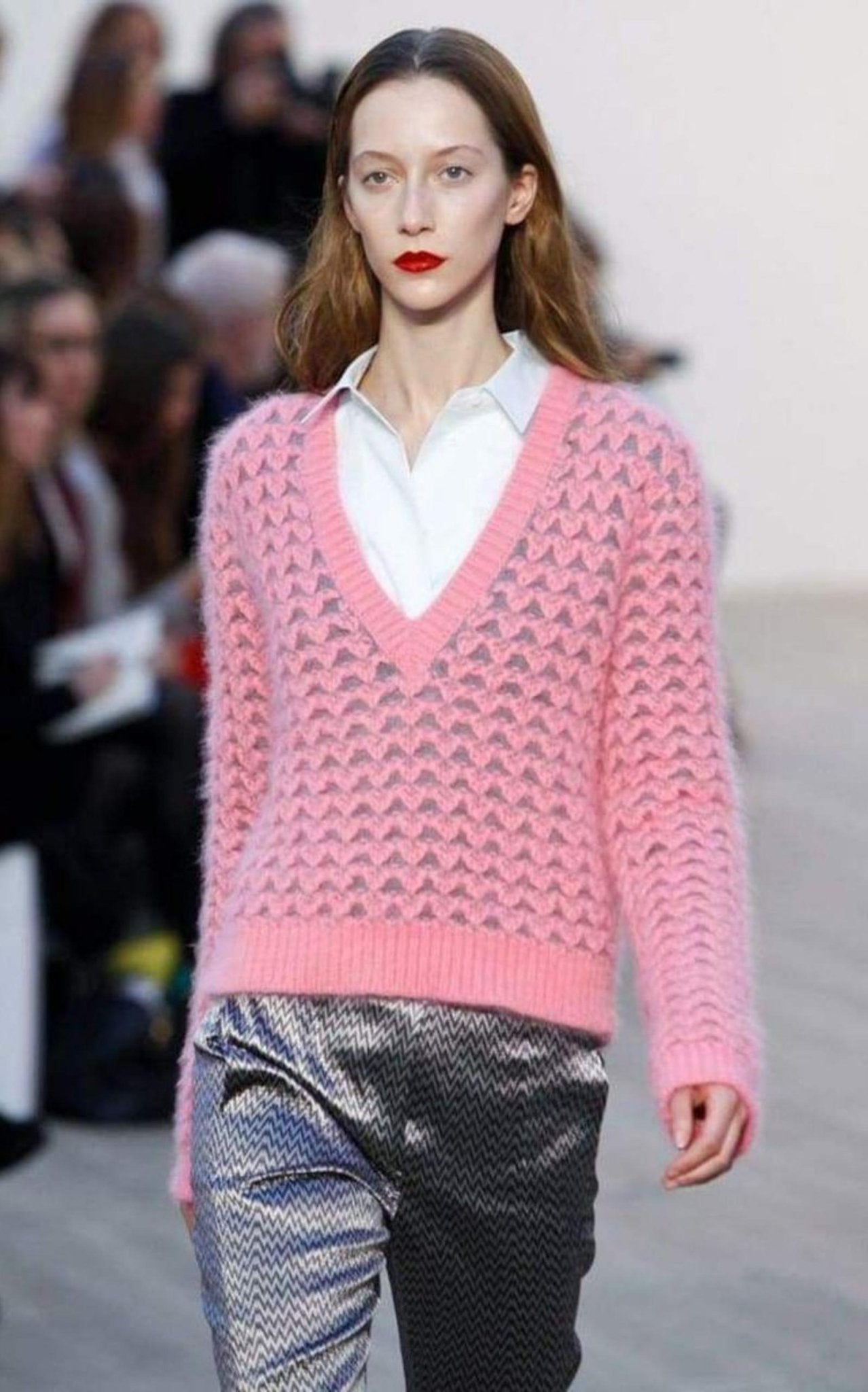 Pringle of Scotland Chunky Pink Angora V Neck Jumper - Runway Catalog