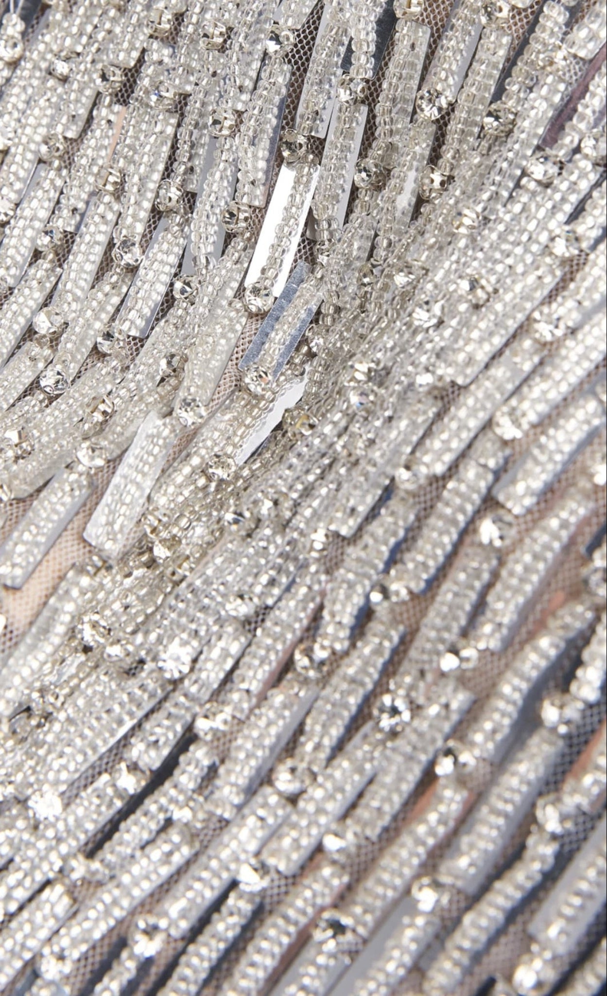 Rachel Gilbert Rosalie silver hand beaded column gown strapless bow bust