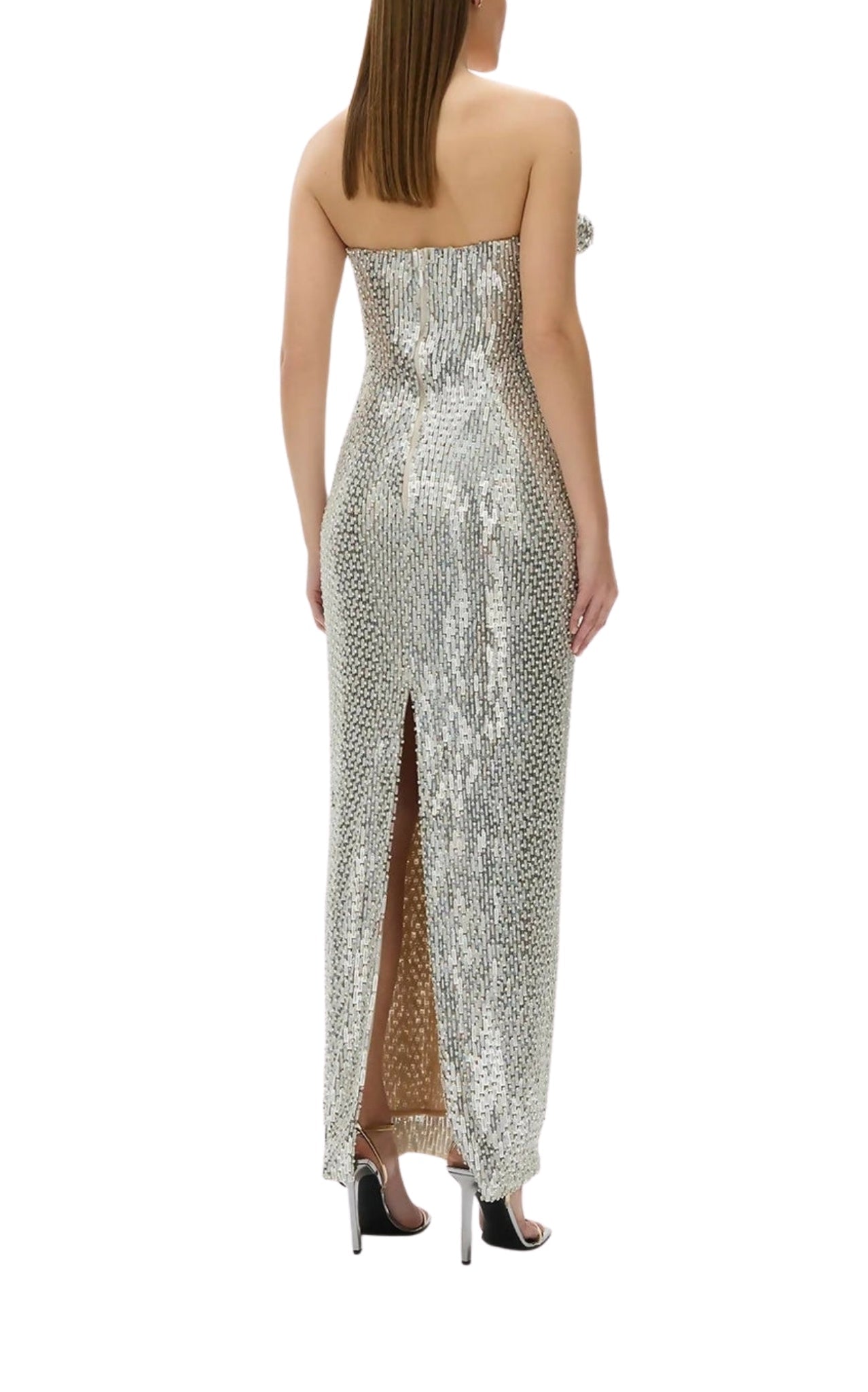 Rachel Gilbert Rosalie silver hand beaded column gown strapless bow bust