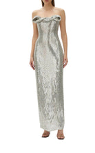 Rachel Gilbert Rosalie silver hand beaded column gown strapless bow bust