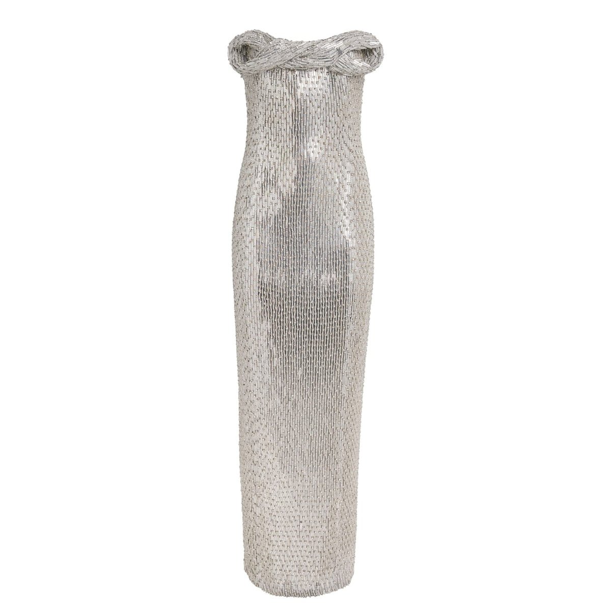 Rachel Gilbert Rosalie silver hand beaded column gown strapless bow bust