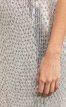 Rachel Gilbert Rosalie silver hand beaded column gown strapless bow bust