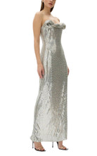 Rachel Gilbert Rosalie silver hand beaded column gown strapless bow bust
