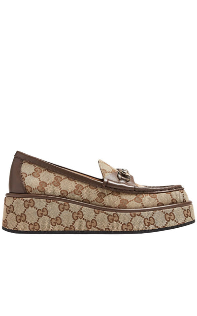 Runway Catalog Gucci Horsebit Wedge Loafers in Beige Ebony GG Canvas with Gold Hardware - Runway Catalog