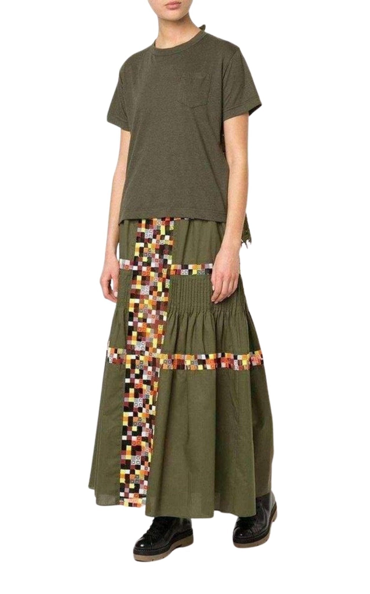 Sacai Military Green Embroidered Long Skirt - Runway Catalog