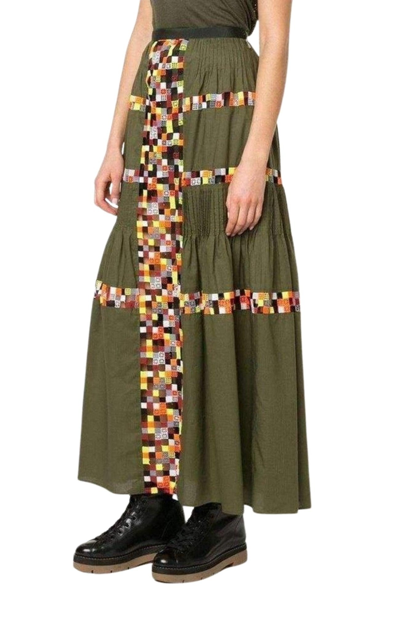 Sacai Military Green Embroidered Long Skirt - Runway Catalog