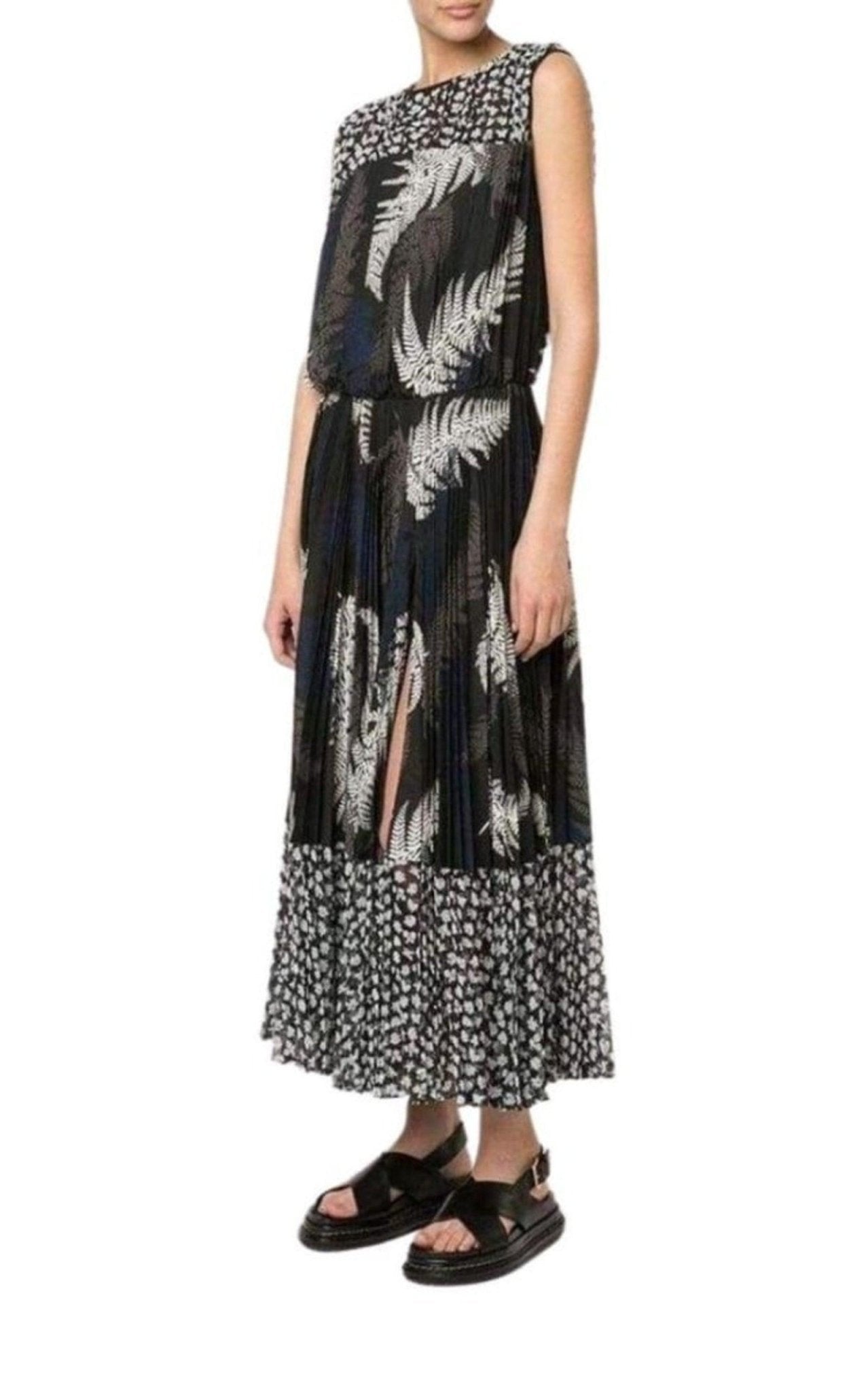 Sacai Mixed Print Pleated Maxi Dress