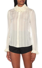 Saint Laurent Ivory Ruffle - collar Striped Silk Shirt - Runway Catalog