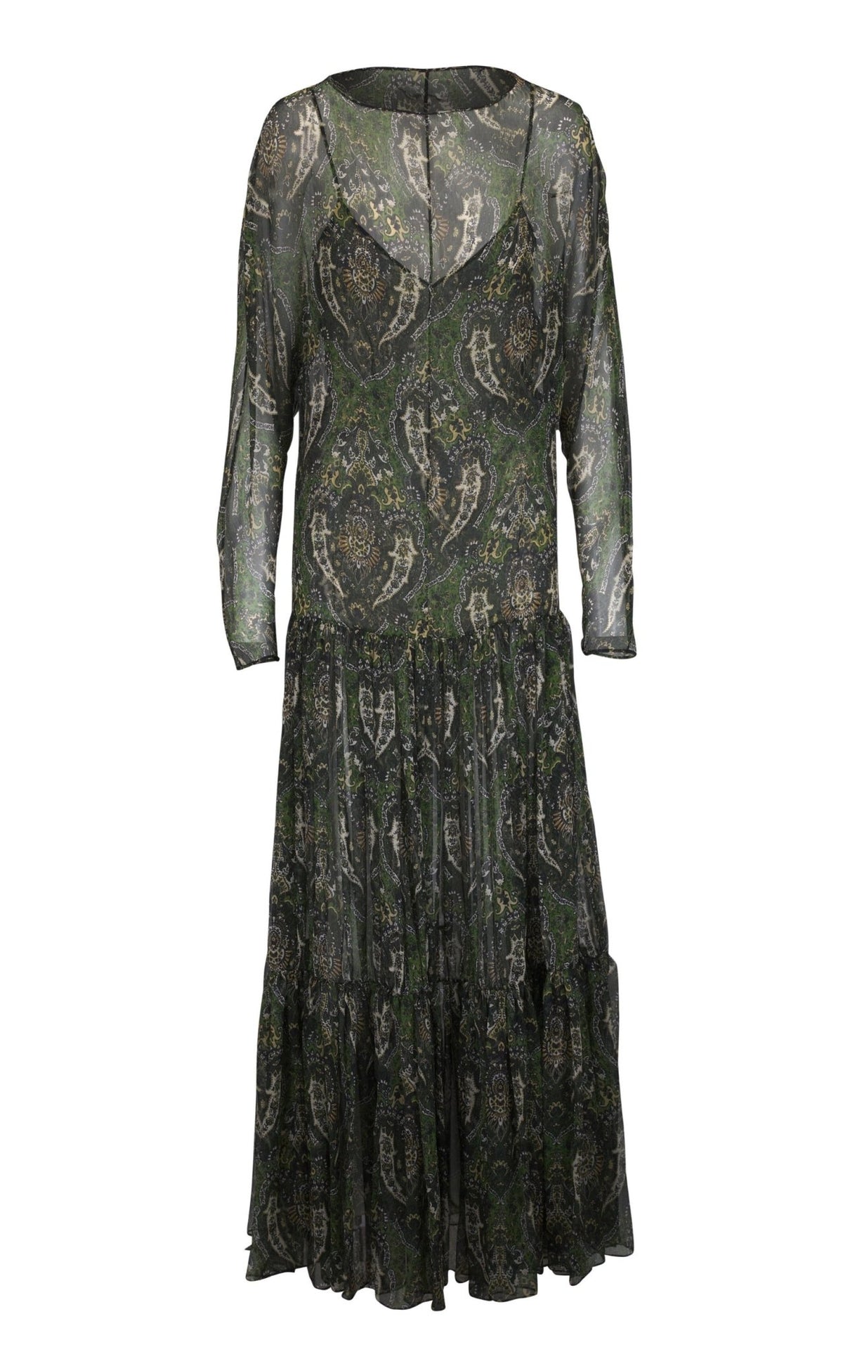 Saint Laurent Paisley Silk Crépon Ruffle Maxi Dress - Runway Catalog