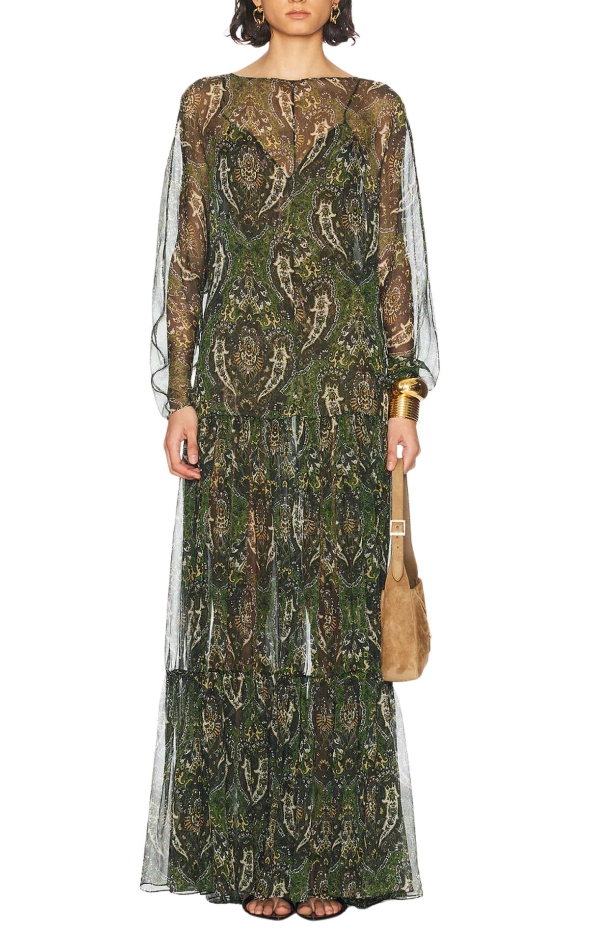 Saint Laurent Paisley Silk Crépon Ruffle Maxi Dress - Runway Catalog