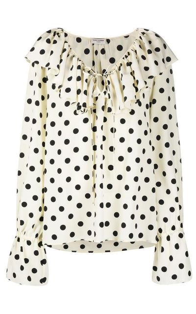 Saint Laurent Ruffle - collar Polka - dot Print Silk Blouse - Runway Catalog