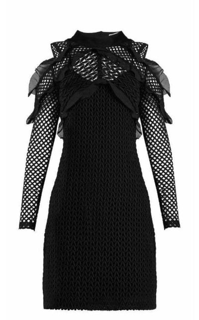 Self - Portrait Purl Knit Lace Cut - out Shoulder Dress - Runway Catalog