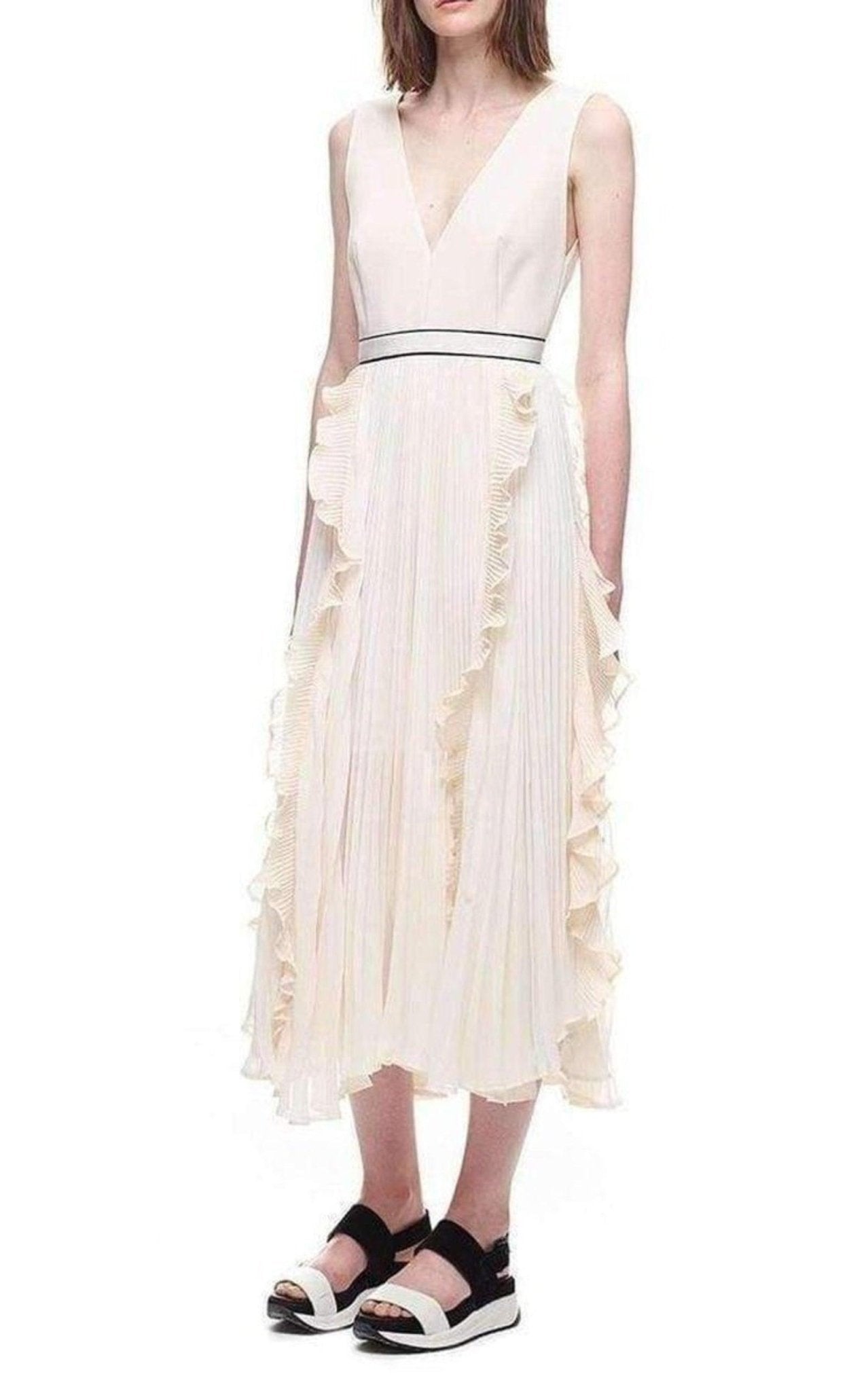 Self - Portrait V - Neck Dress with Fluted Pleats - Runway Catalog