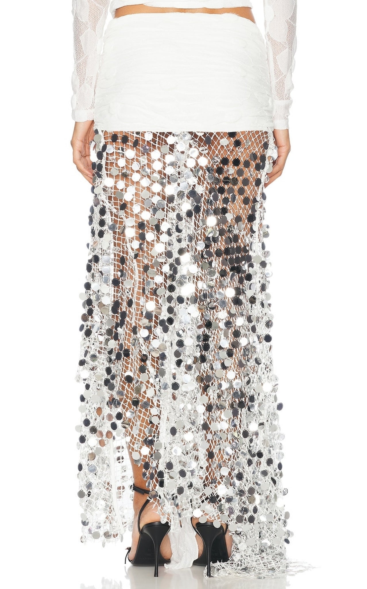 Siedres Silvana white silver sequinned knit maxi skirt with asymmetrical hem