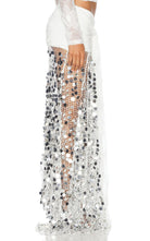 Siedres Silvana white silver sequinned knit maxi skirt with asymmetrical hem