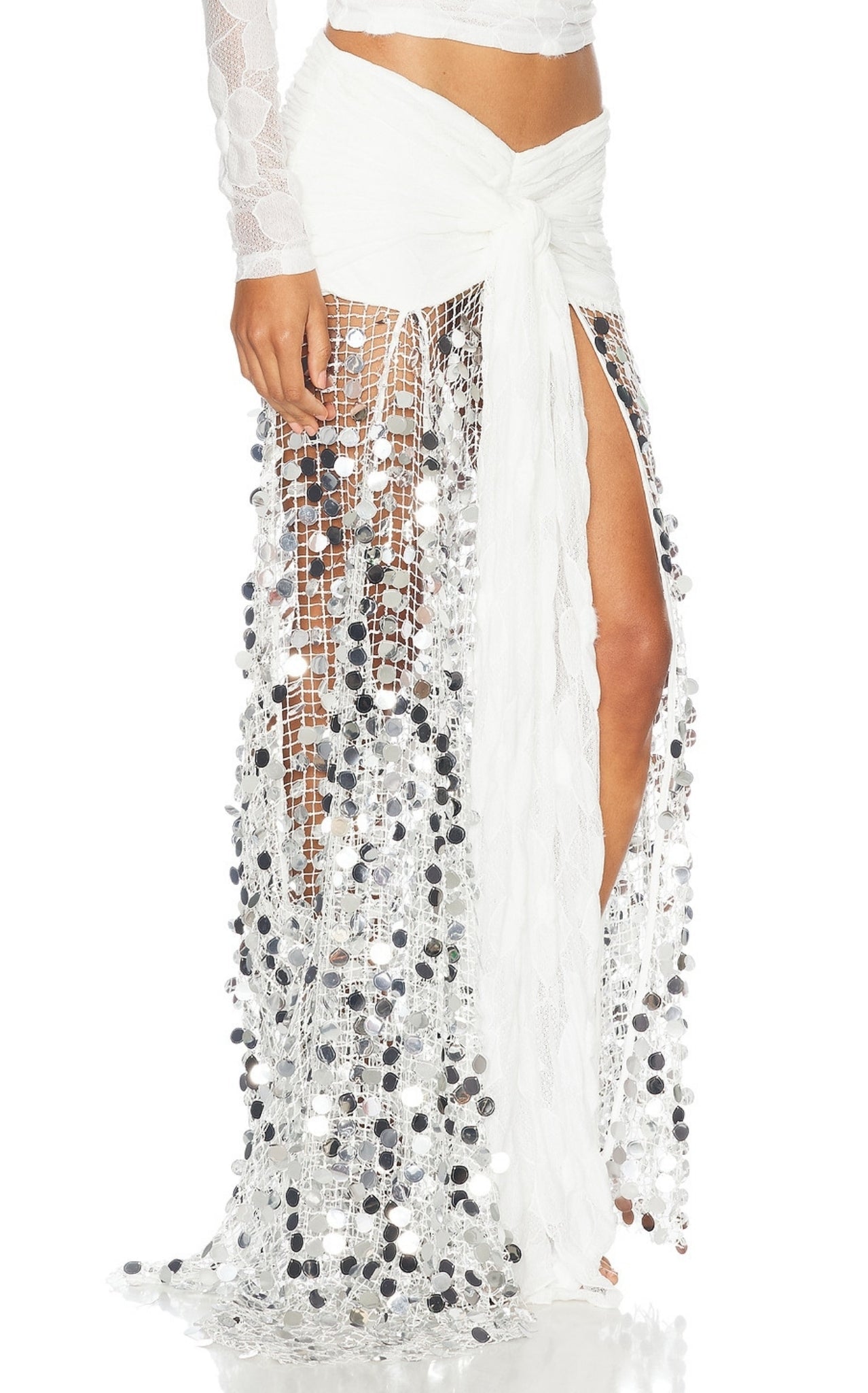 Siedres Silvana white silver sequinned knit maxi skirt with asymmetrical hem