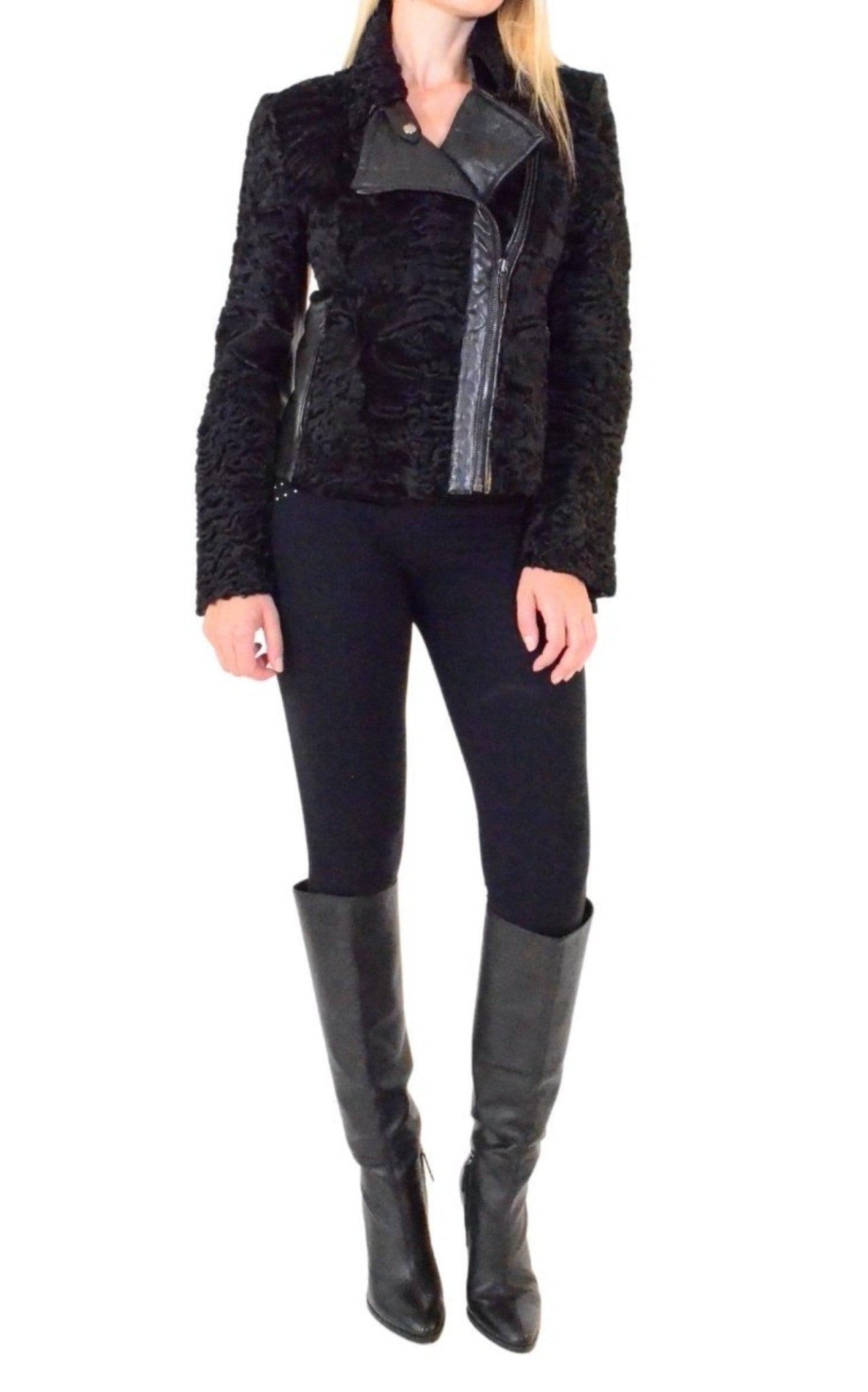 VALENTINO ブラックファーアウター Valentino Black Astrakhan Lamb Fur Biker Jacket Made in Italy