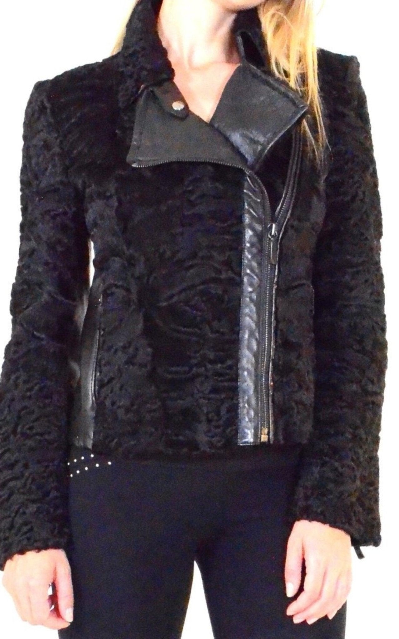 VALENTINO ブラックファーアウター Valentino Black Astrakhan Lamb Fur Biker Jacket Made in Italy