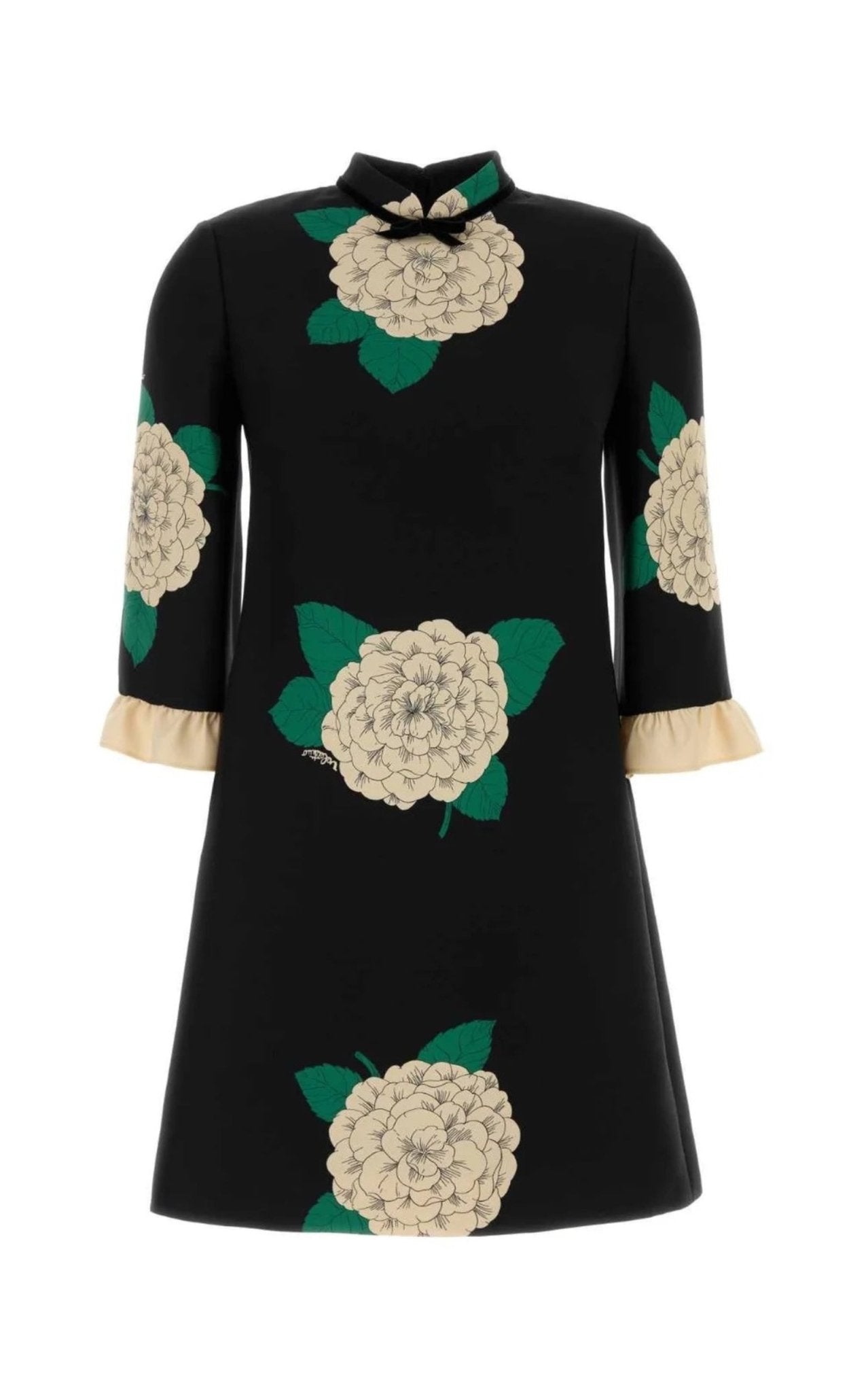 Valentino Crepe Couture floral minidress with high neckline, bow detail, three-quarter sleeves, and ruffled cuffs, front view