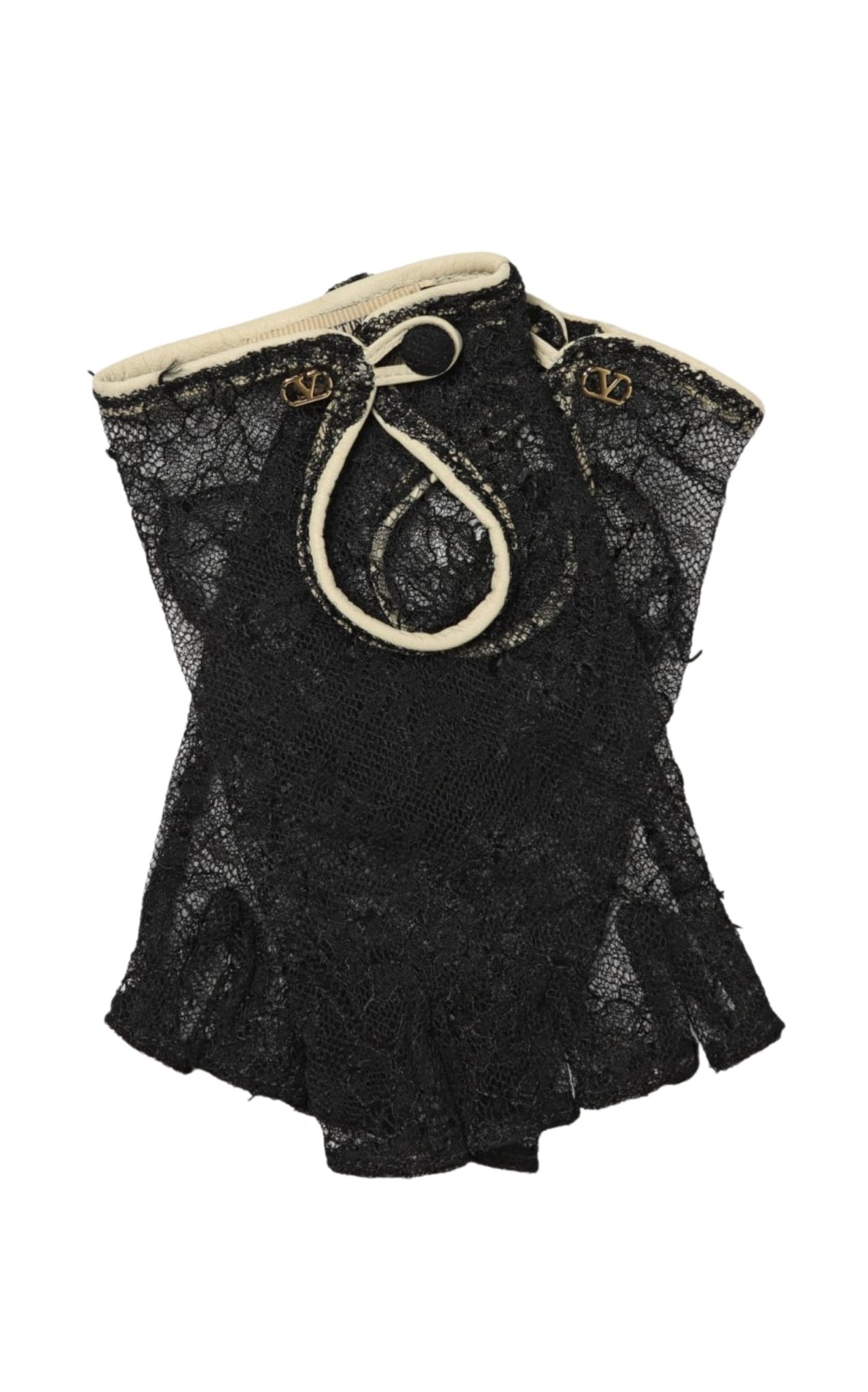 Valentino Lace Fingerless Gloves with Leather Trim