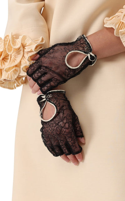Valentino Black Lace Gloves With Leather Profiles