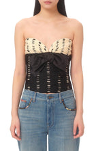 Valentino Plusdepois-print silk chiffon top with sweetheart neckline and bow detail on a model