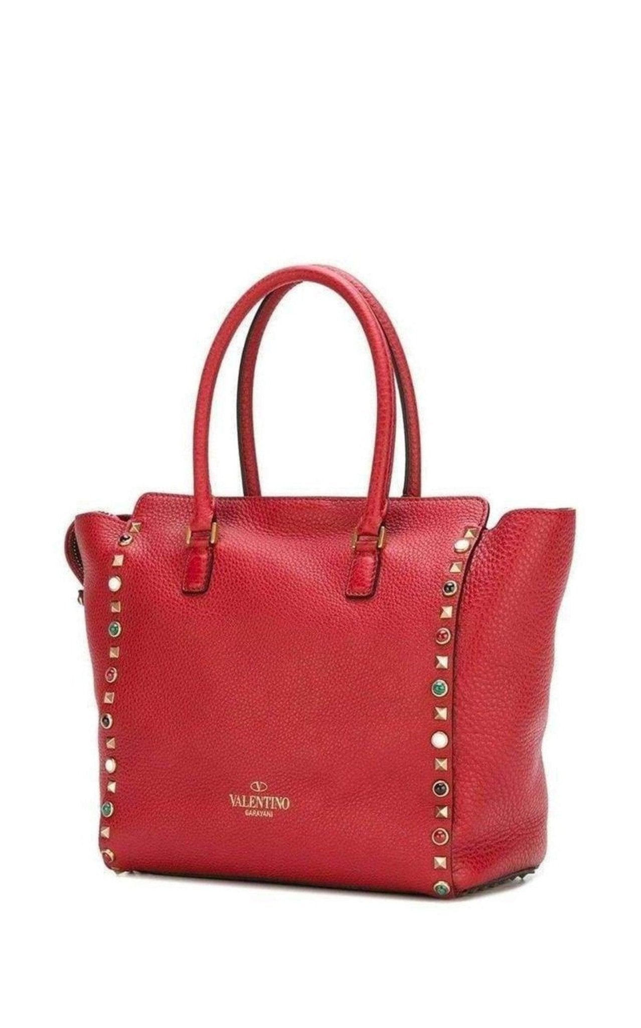 Valentino Rockstud Rolling Leather Tote Red