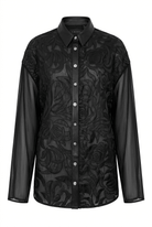versace black silk cut out leather applique shirt