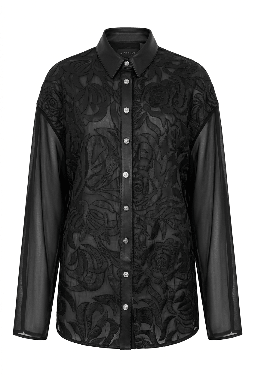 versace black silk cut out leather applique shirt
