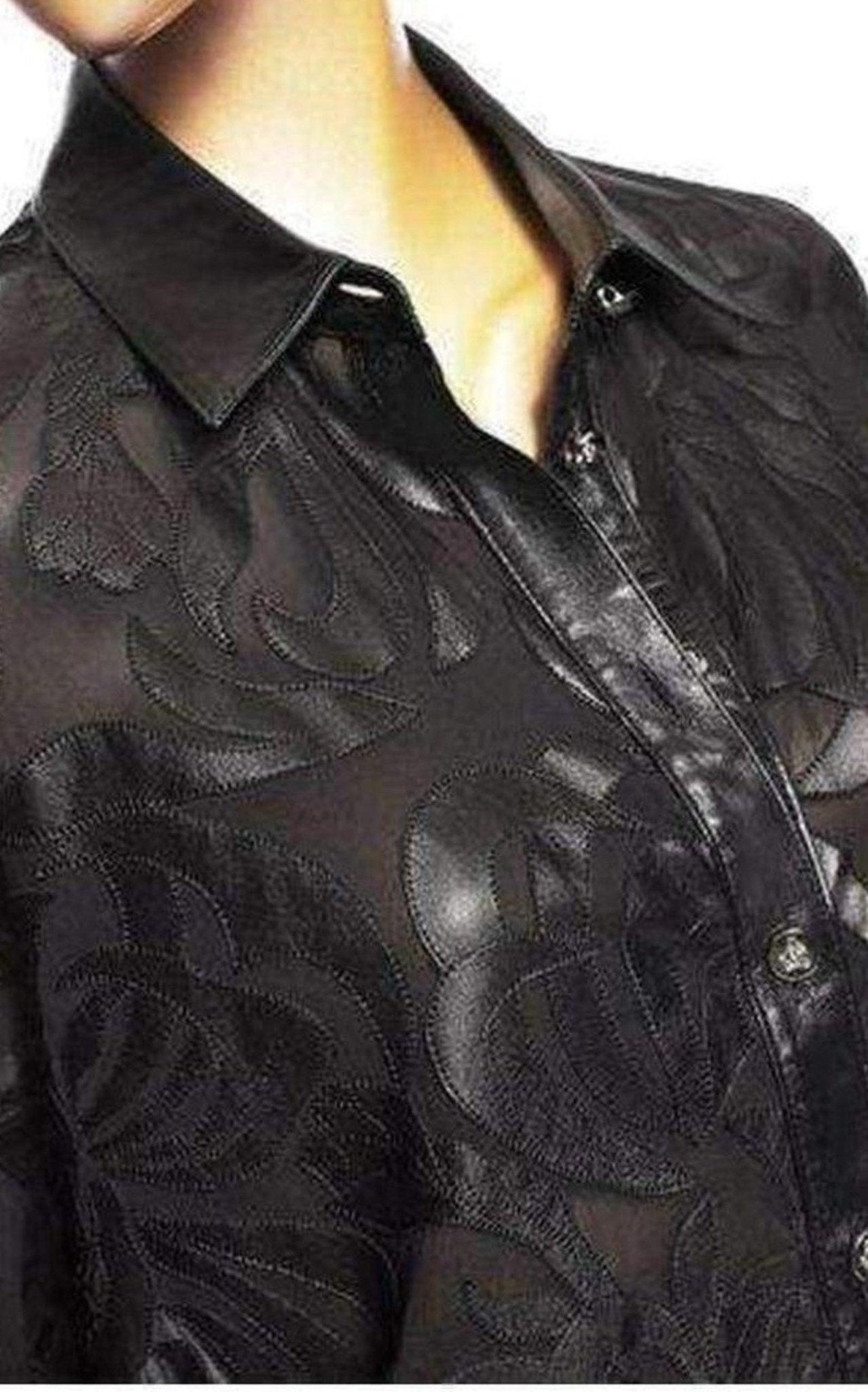 Versace Black Silk Cut - Out Leather Appliqué Shirt - Runway Catalog