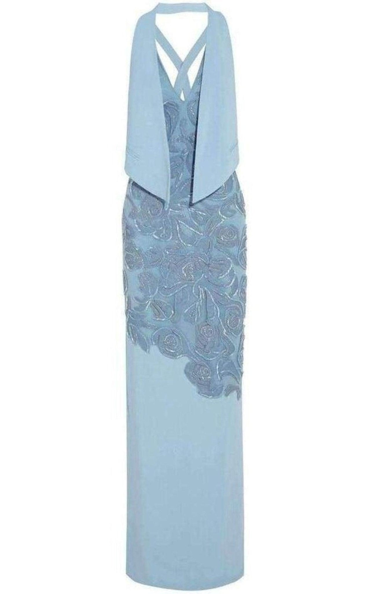 Versace Blue Formal Dress Leather Lace Cutout V Neckline Fitted Leg Split - Runway Catalog