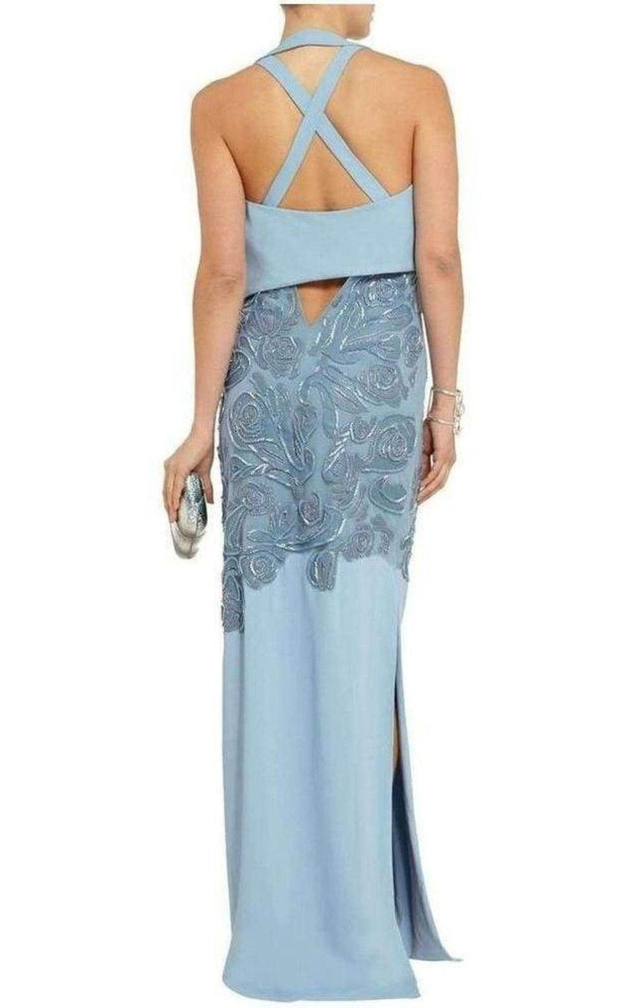 Versace Blue Formal Dress Leather Lace Cutout V Neckline Fitted Leg Split - Runway Catalog