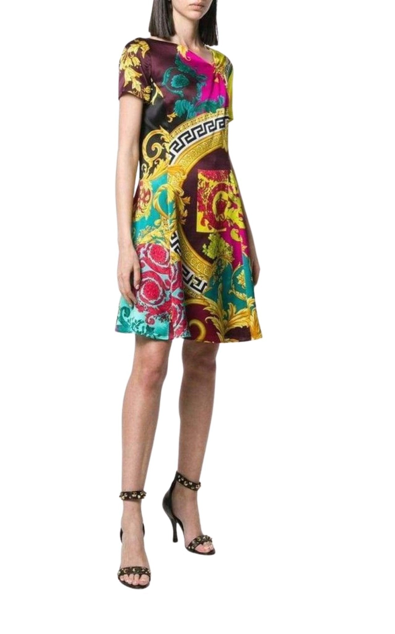 Versace Short-Sleeve Multicolored Silk Dress