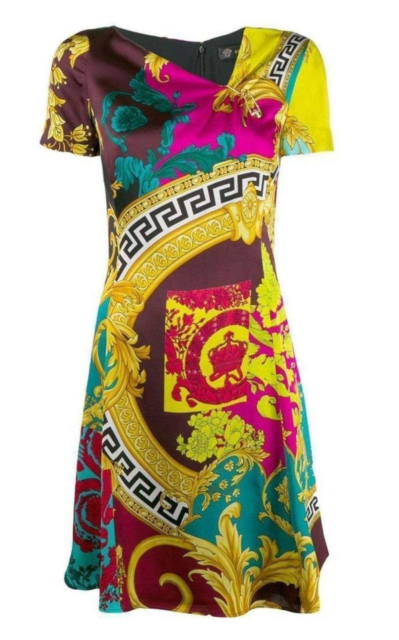 Versace Short-Sleeve Multicolored Silk Dress