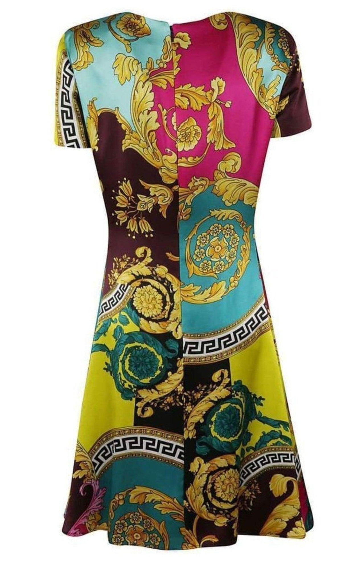 Versace Short-Sleeve Multicolored Silk Dress