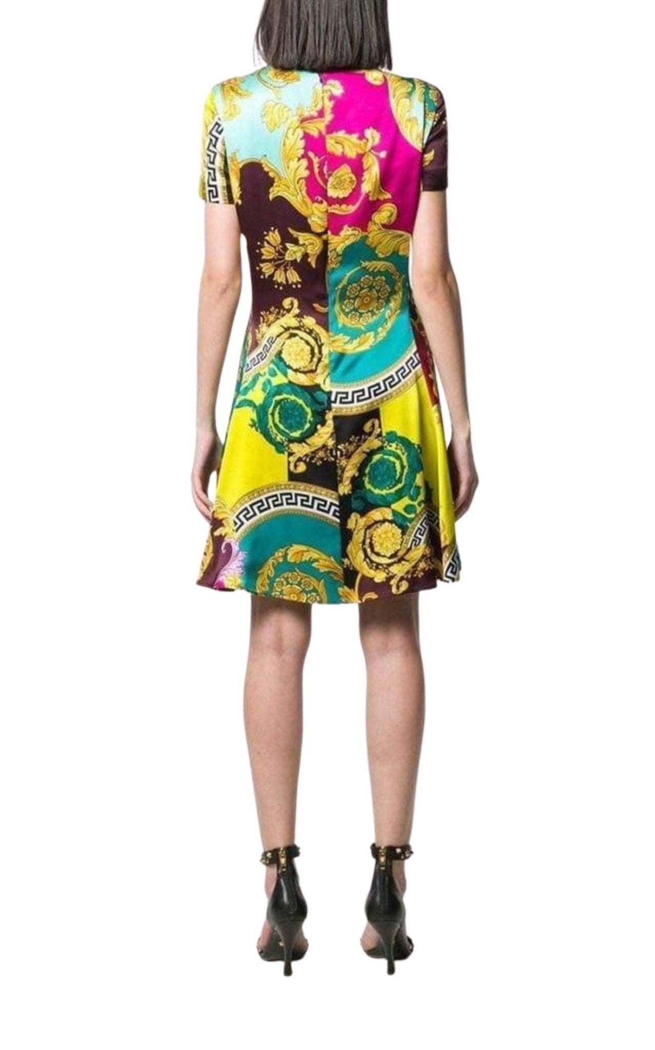 Versace Short-Sleeve Multicolored Silk Dress